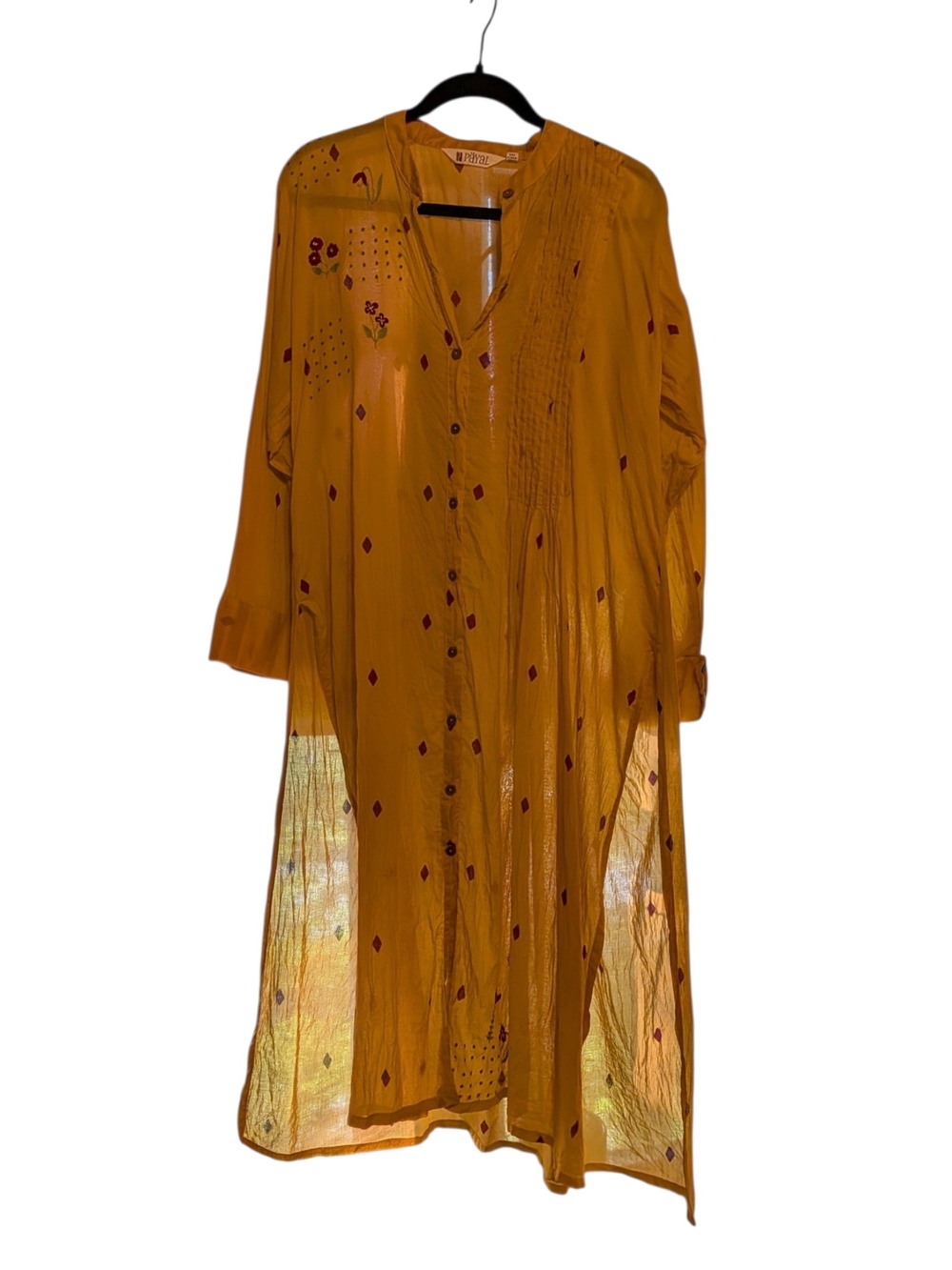 Long-Sleeve Orange Button-Front Maxi Dress with Embroidered Motif Size Xl